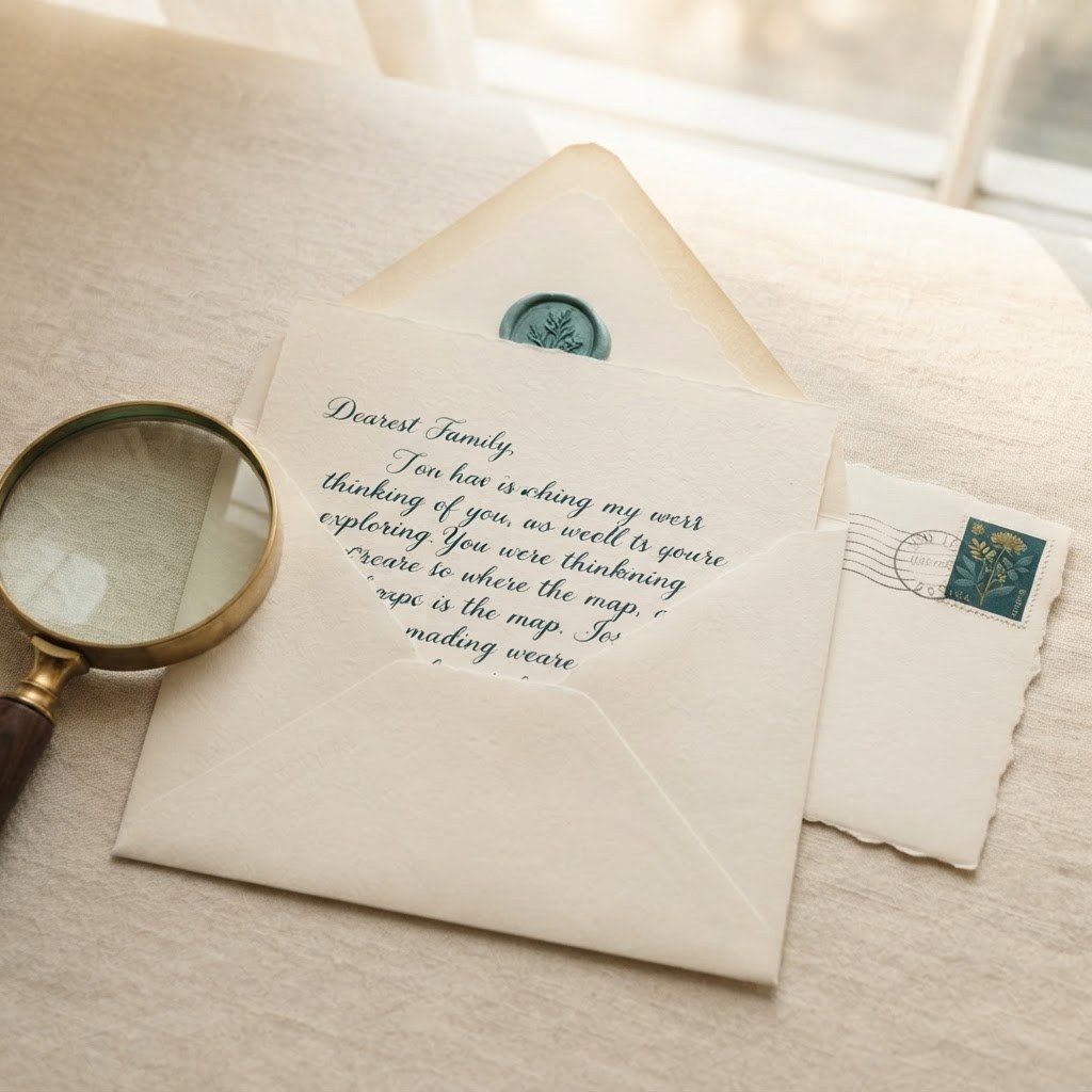An opened cream envelope with a letter, soft window light, warm cream palette — Real Ink Letters