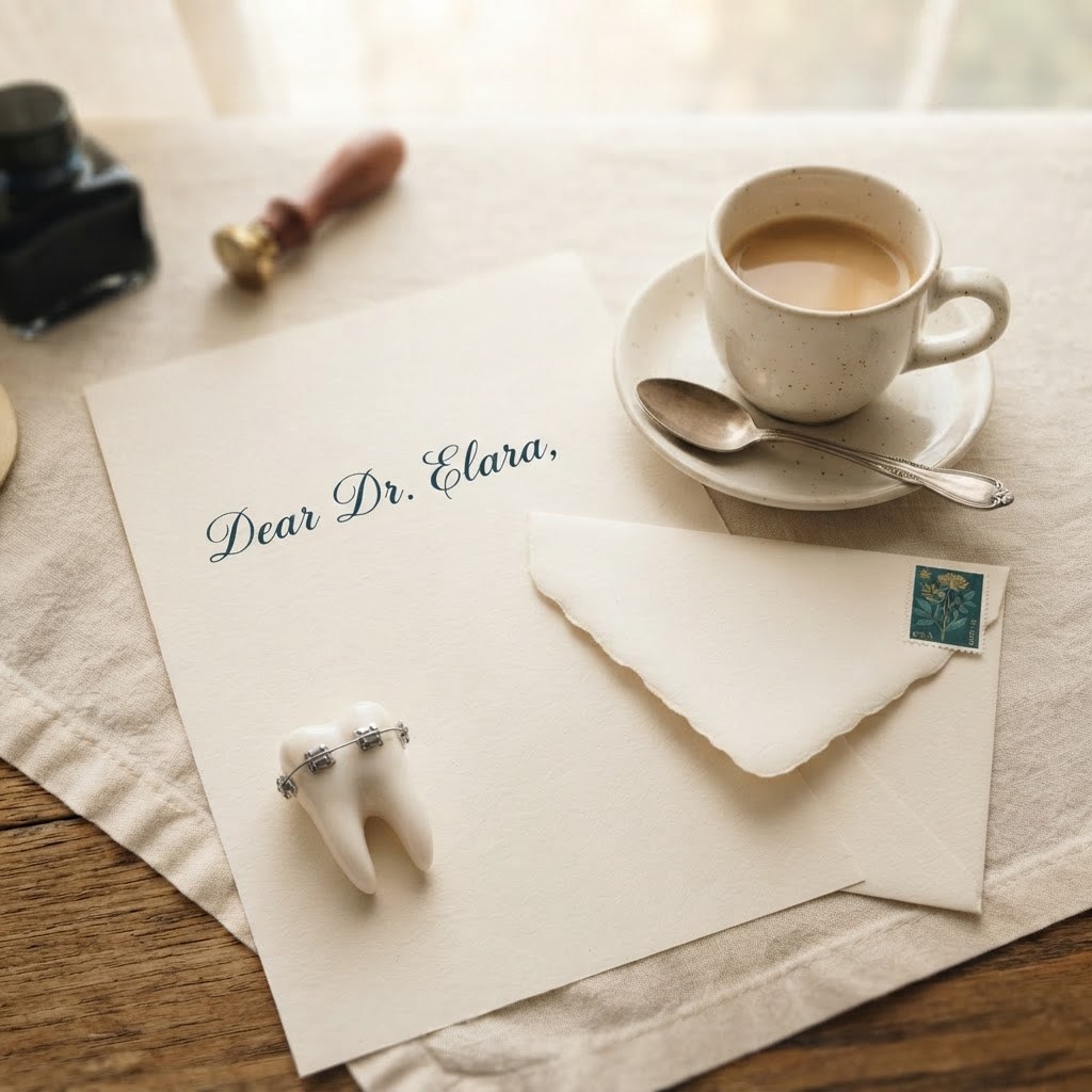 A handwritten letter with a tooth model and coffee cup, warm cream palette — Real Ink Letters