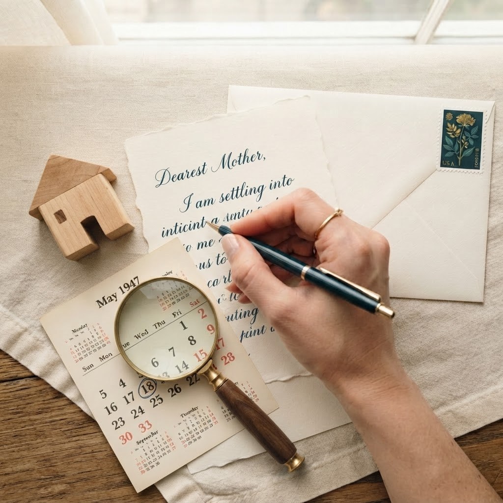 A handwritten letter with a toy house and paper calendar, warm cream palette — Real Ink Letters