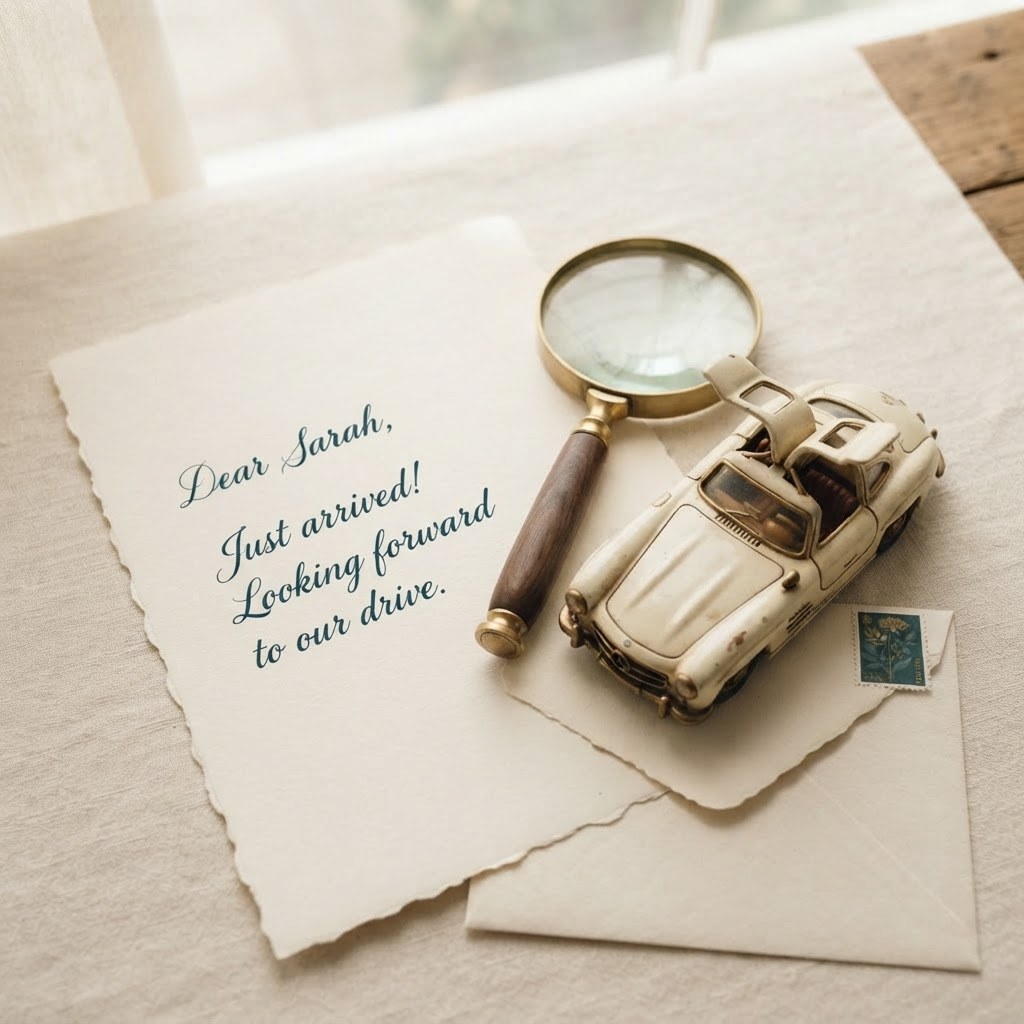 A handwritten letter with a car key fob and toy classic car, warm cream palette — Real Ink Letters