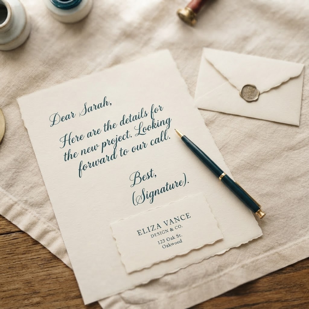 A handwritten letter with a business card and navy pen, warm cream palette — Real Ink Letters