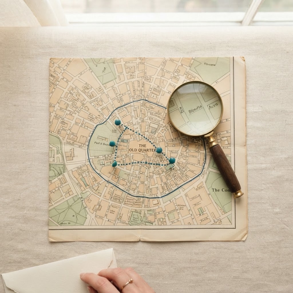 A paper map with city streets and a drawn boundary, warm cream palette — Real Ink Letters