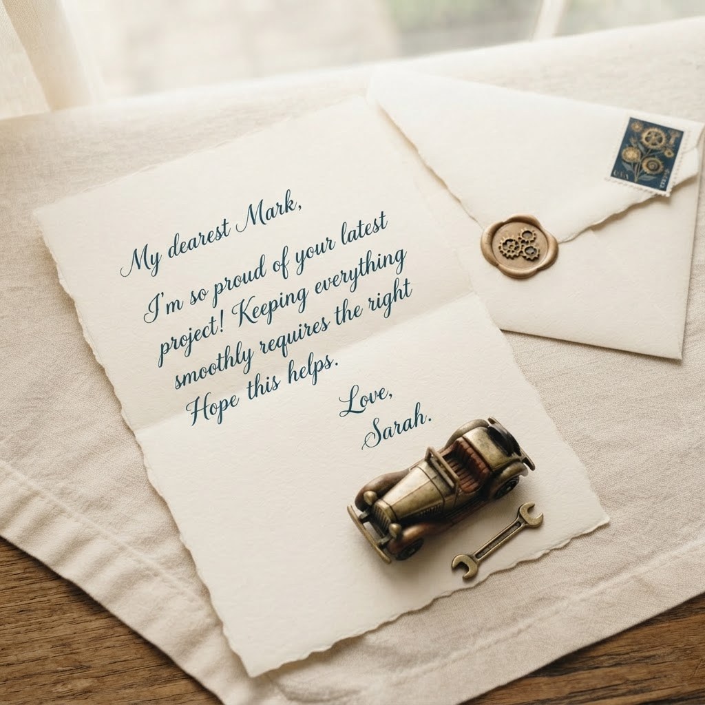 A handwritten letter with a toy car and small wrench, warm cream palette — Real Ink Letters