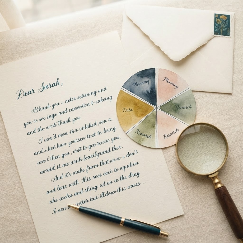 A handwritten letter with a small paper pie chart, warm cream palette — Real Ink Letters