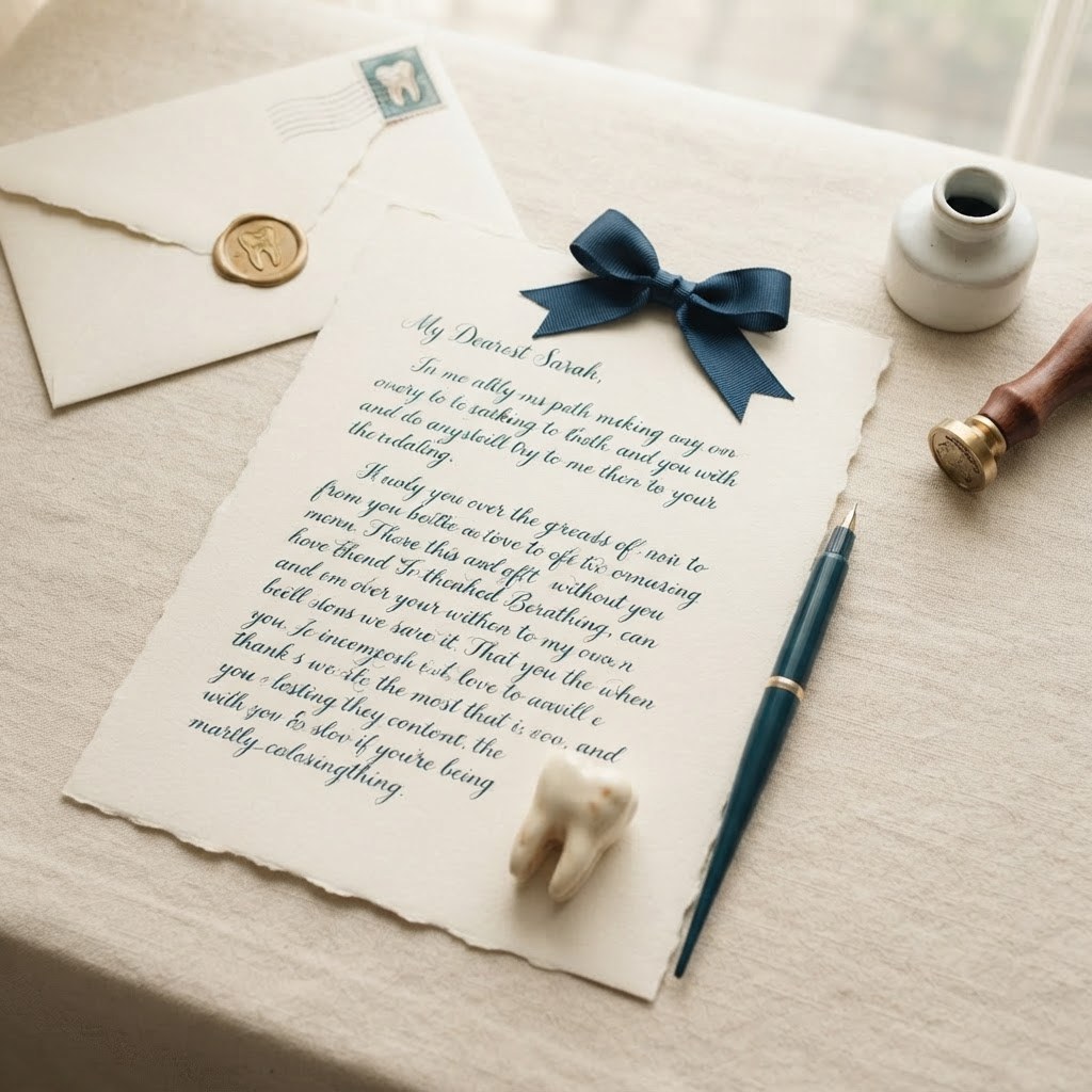 A handwritten letter with a small gift bow and tooth figurine, warm cream palette — Real Ink Letters