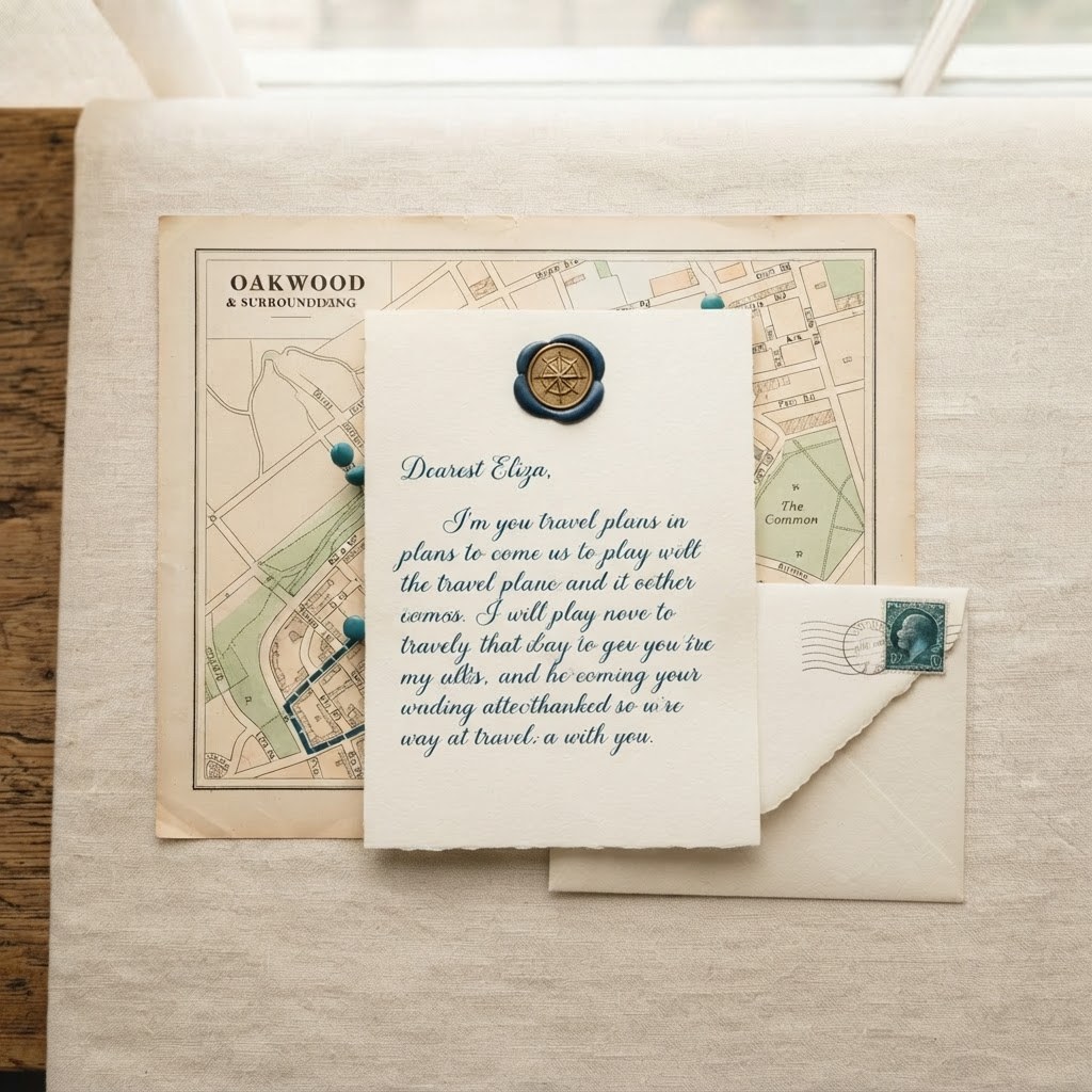 A handwritten letter on top of a paper map with pins, warm cream palette — Real Ink Letters
