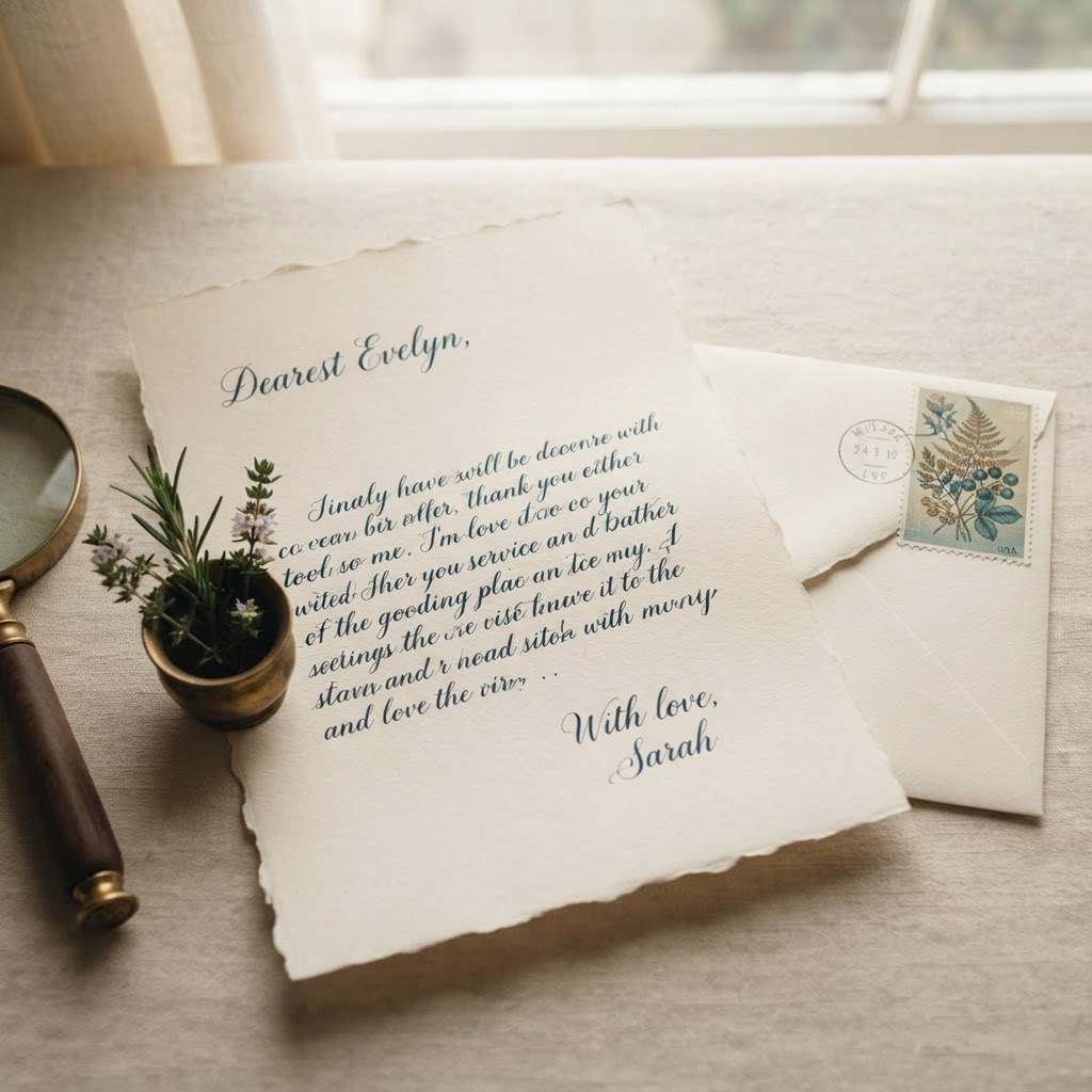 A handwritten letter with a small plant sprig, warm cream palette — Real Ink Letters