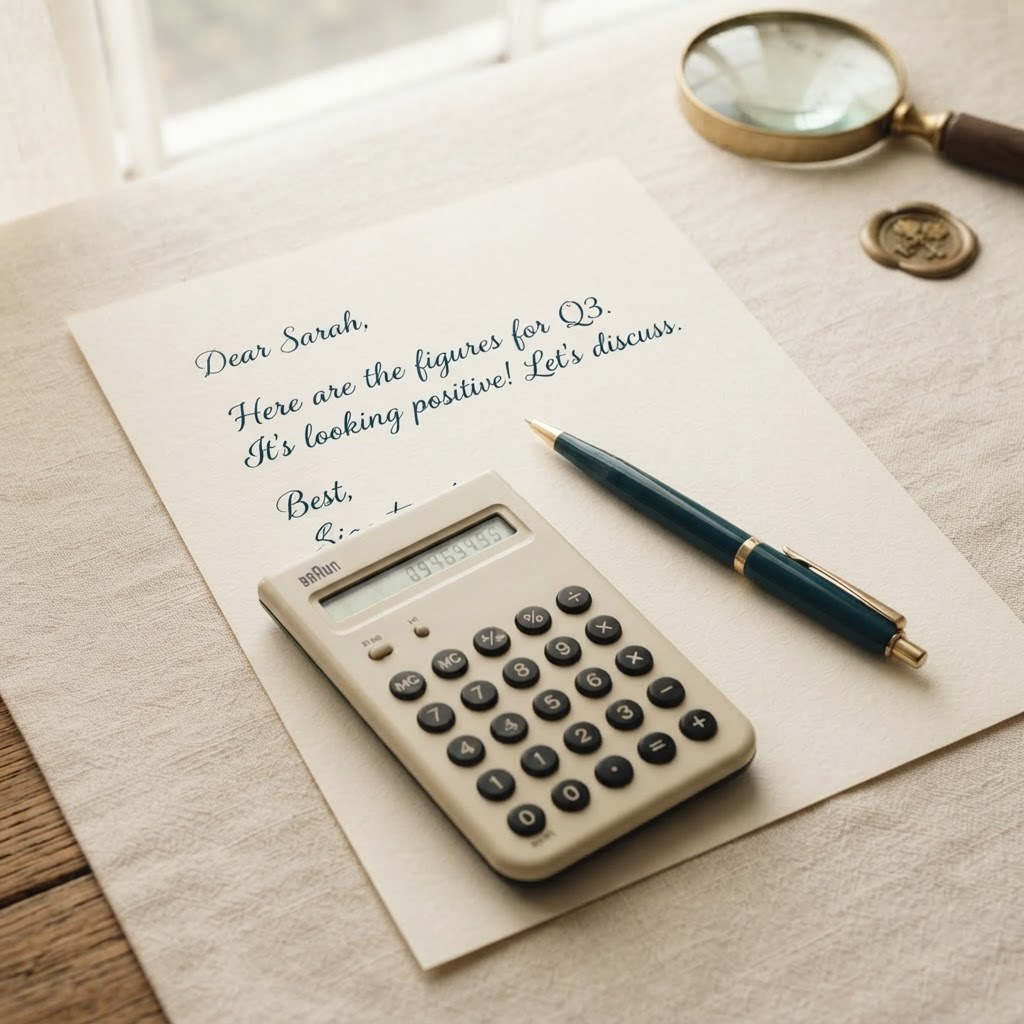 A handwritten letter with a calculator and pen, warm cream palette — Real Ink Letters