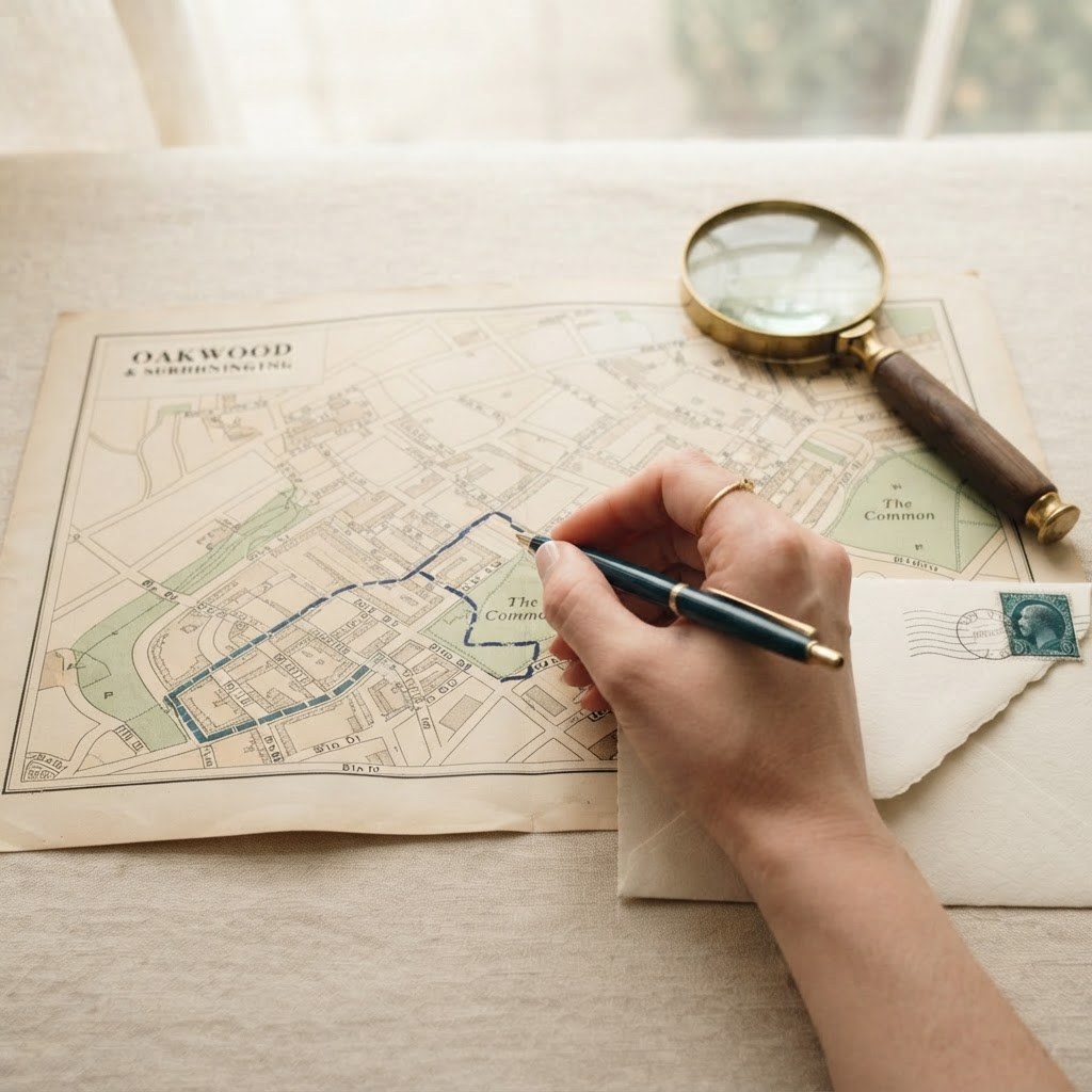 A hand drawing a dashed area on a paper map, warm cream palette — Real Ink Letters
