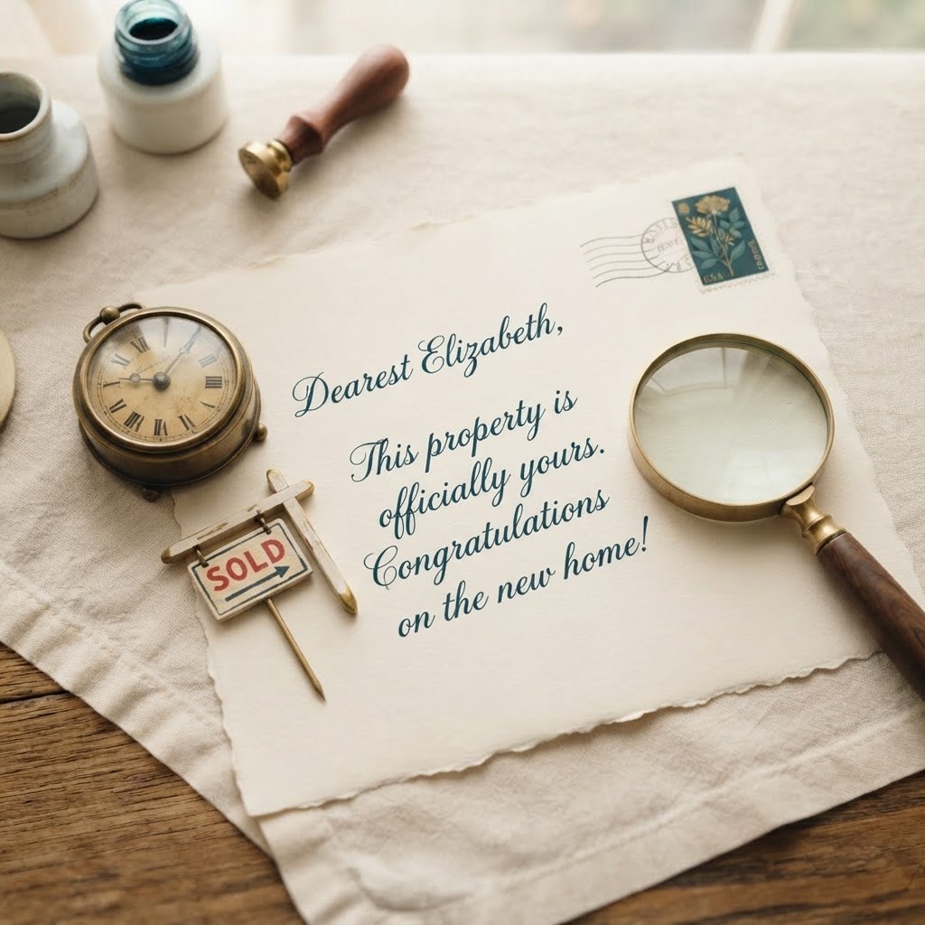 A handwritten letter with a small clock and SOLD sign, warm cream palette — Real Ink Letters