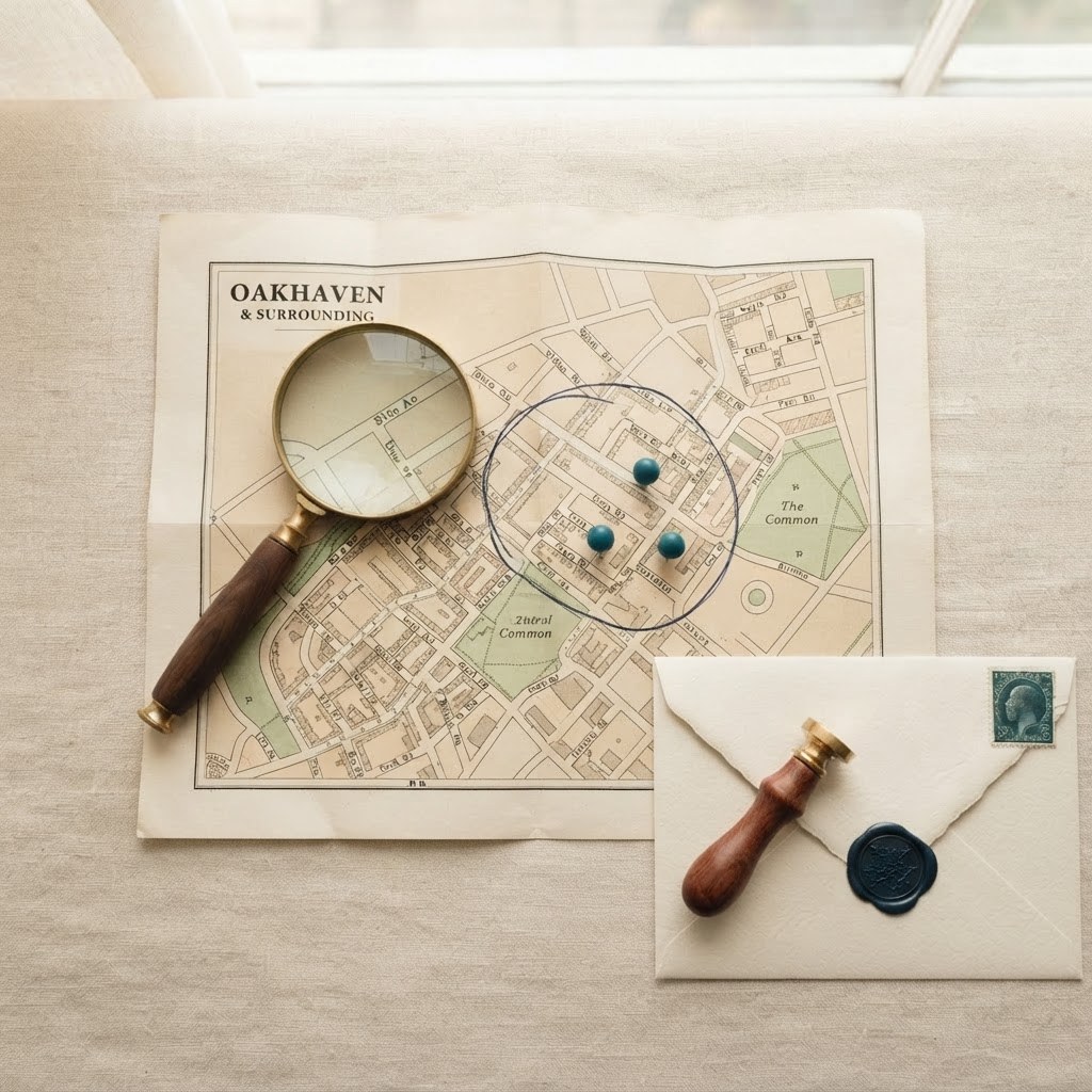 A paper map with a drawn circle and map pins, warm cream palette — Real Ink Letters