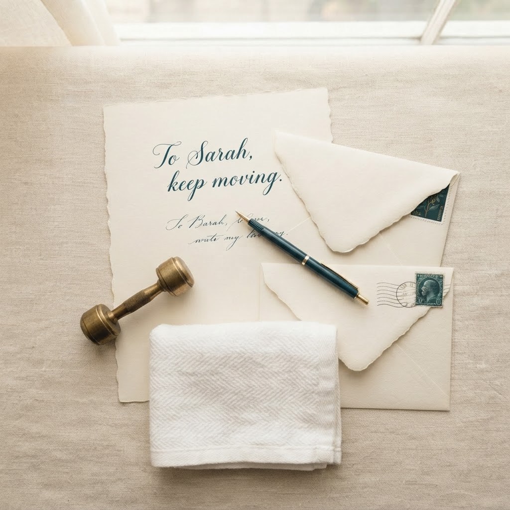 A handwritten letter with a small dumbbell and folded towel, warm cream palette — Real Ink Letters
