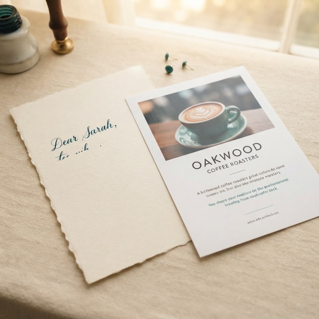 A handwritten letter beside a glossy printed flyer on a cream table, warm cream palette — Real Ink Letters