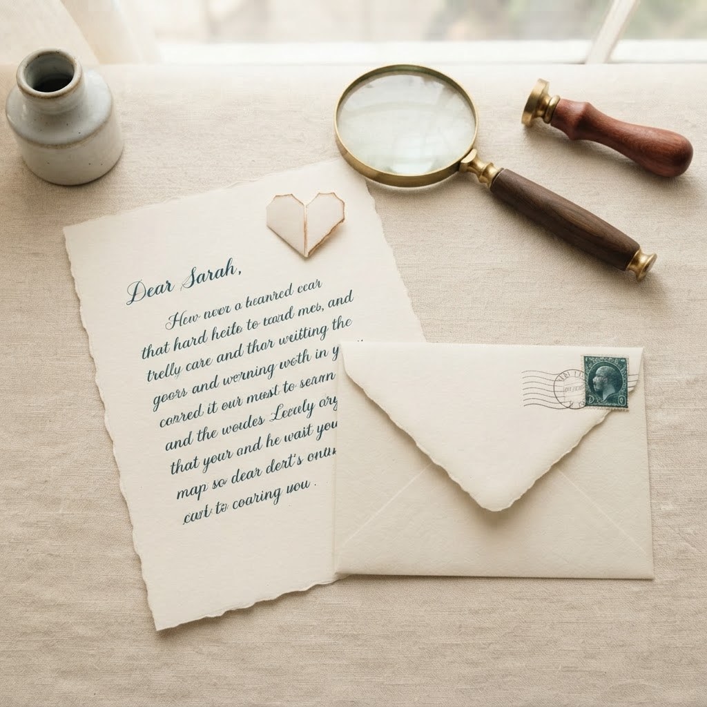 A handwritten letter with a small paper heart and second envelope, warm cream palette — Real Ink Letters