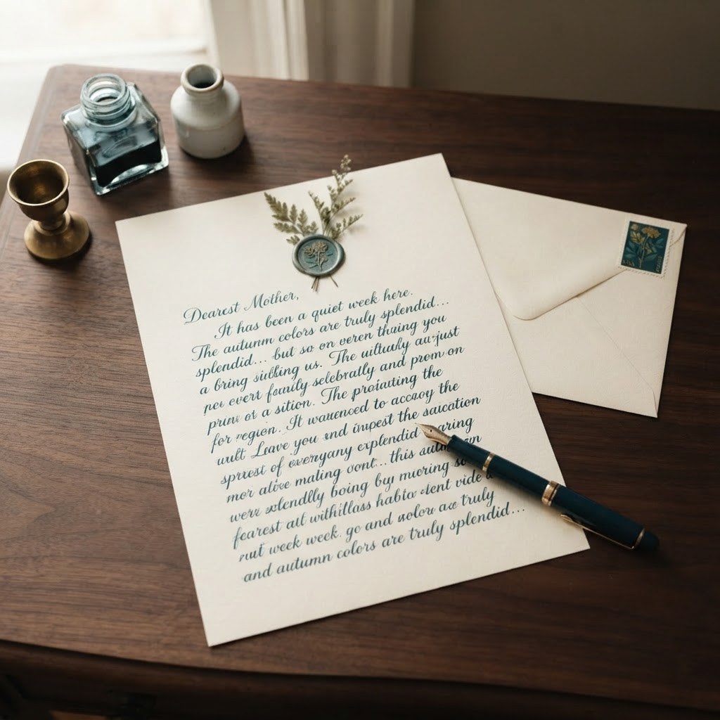 A handwritten letter with a fountain pen on a dark wood desk, warm cream palette — Real Ink Letters
