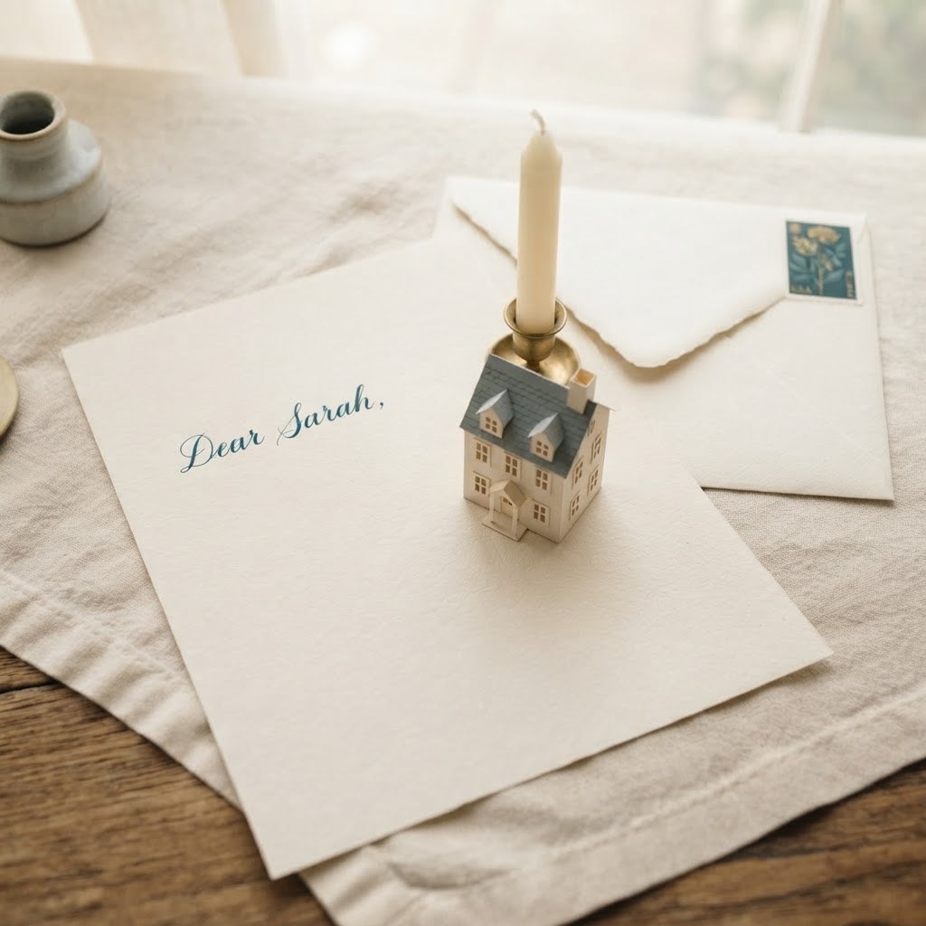 A handwritten letter with a small paper house and unlit candle, warm cream palette — Real Ink Letters