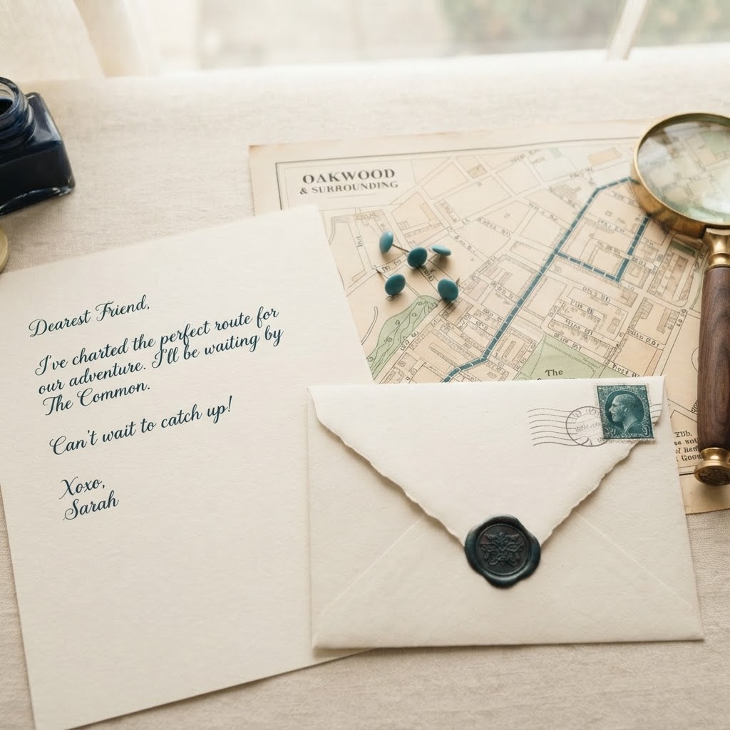 A handwritten letter with a paper map and pins, warm cream palette — Real Ink Letters