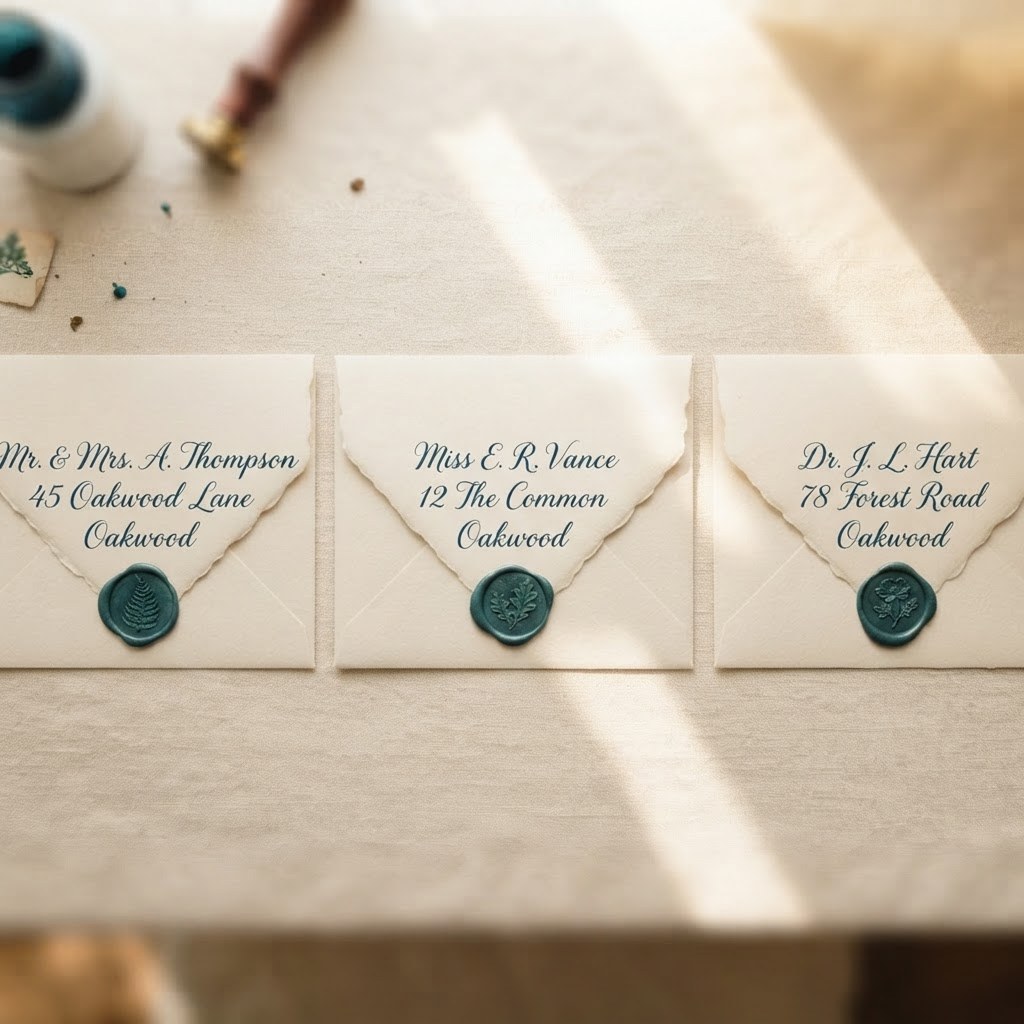 Three cream envelopes in a neat row, warm cream palette — Real Ink Letters