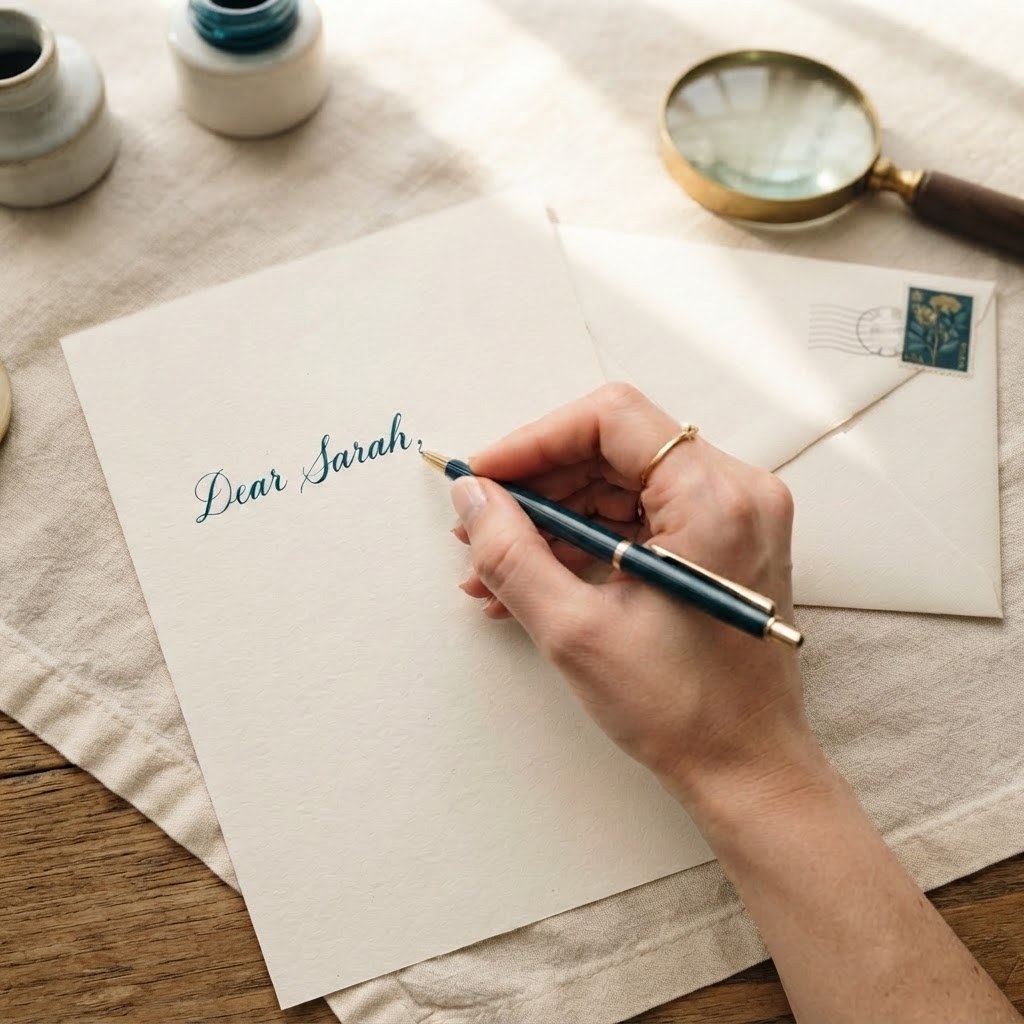 A hand writing the first line of a letter in warm light, warm cream palette — Real Ink Letters