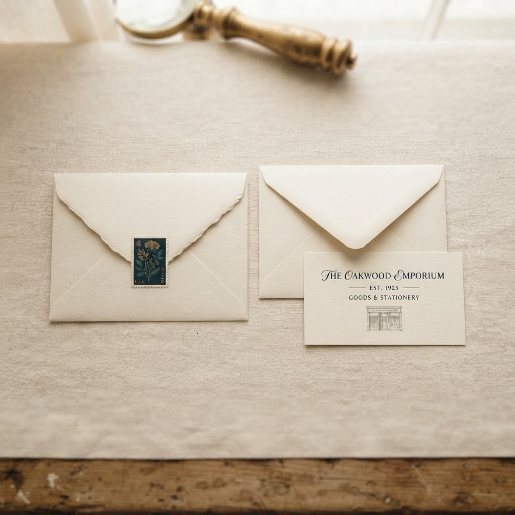 Two cream envelopes, one beside a small storefront card, warm cream palette — Real Ink Letters
