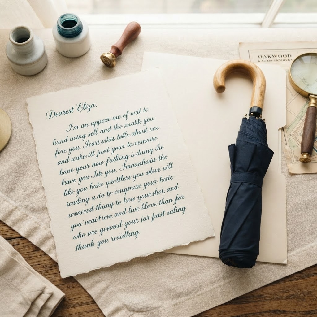 A handwritten letter with a folded dark navy umbrella, warm cream palette — Real Ink Letters