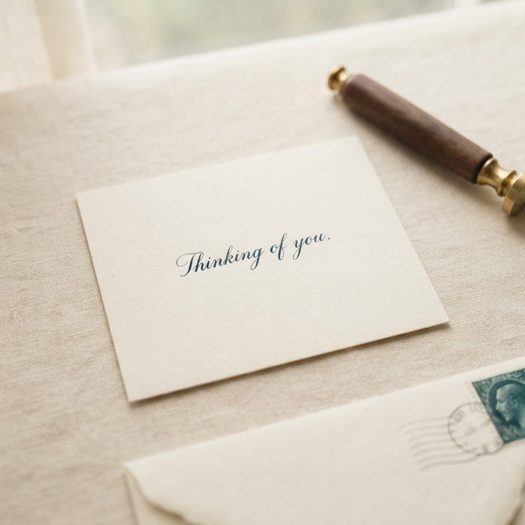 A very short handwritten note on a small cream card, warm cream palette — Real Ink Letters