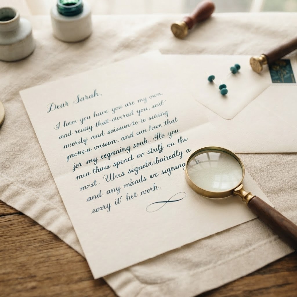 A handwritten letter with a small magnifying glass, warm cream palette — Real Ink Letters