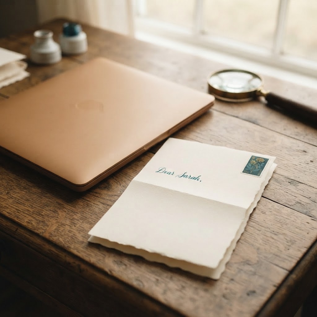 A cream letter beside a closed laptop on a warm desk, warm cream palette — Real Ink Letters