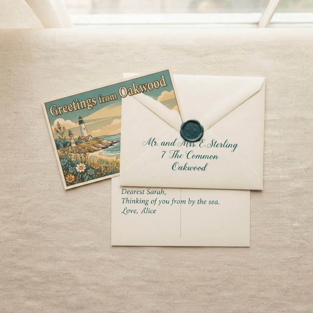 A sealed cream envelope beside a colorful postcard, warm cream palette — Real Ink Letters