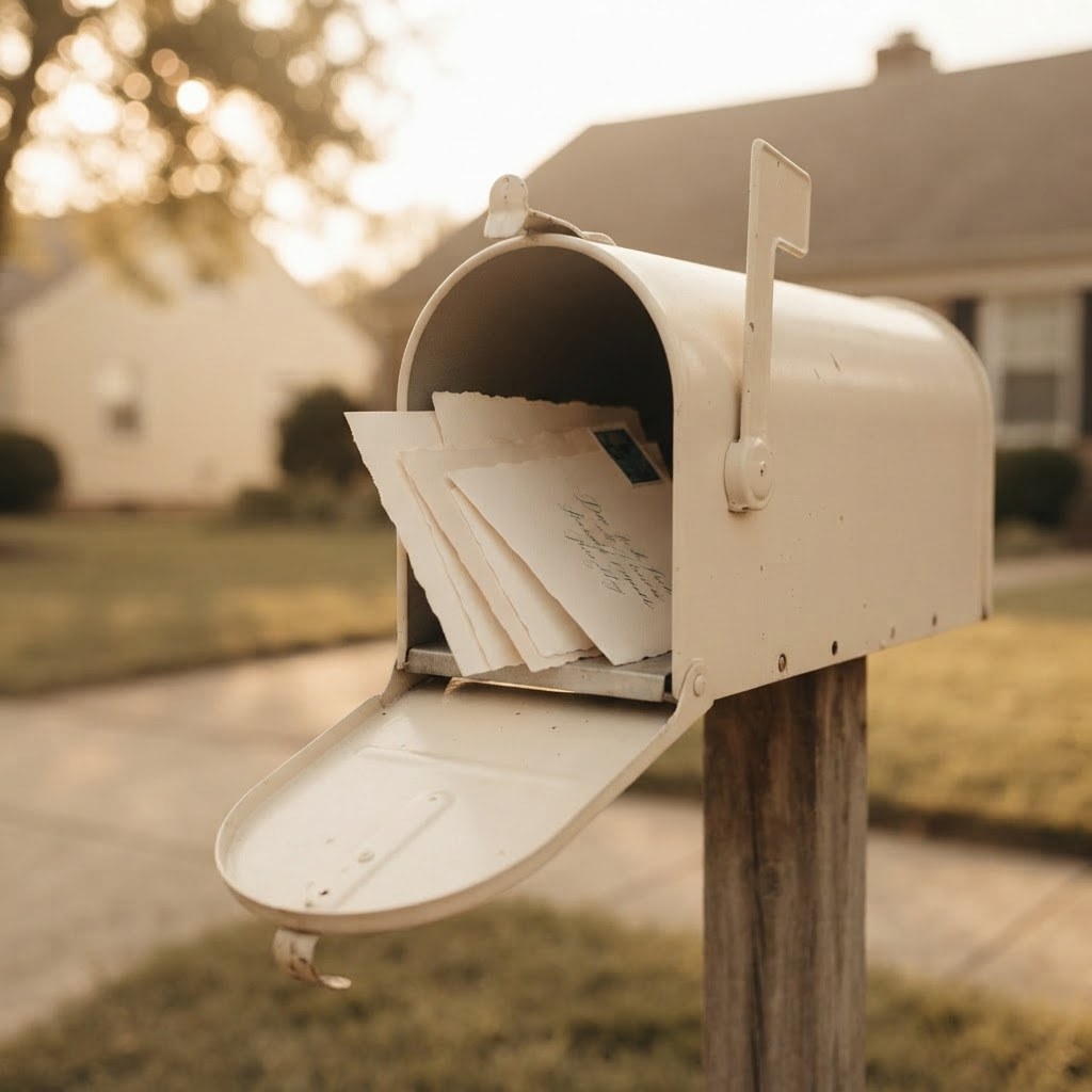 A cream mailbox on a quiet suburban street at golden hour, warm cream palette — Real Ink Letters