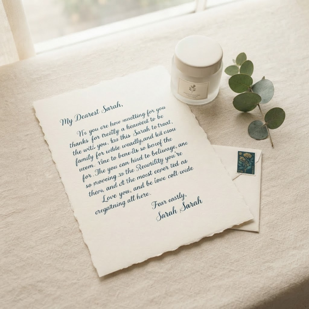 A handwritten letter with a small cream jar and eucalyptus sprig, warm cream palette — Real Ink Letters