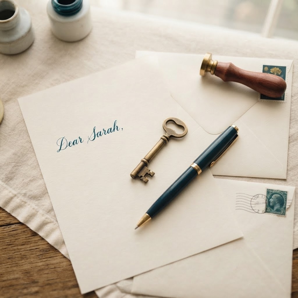 A handwritten letter with a house key and navy pen, warm cream palette — Real Ink Letters