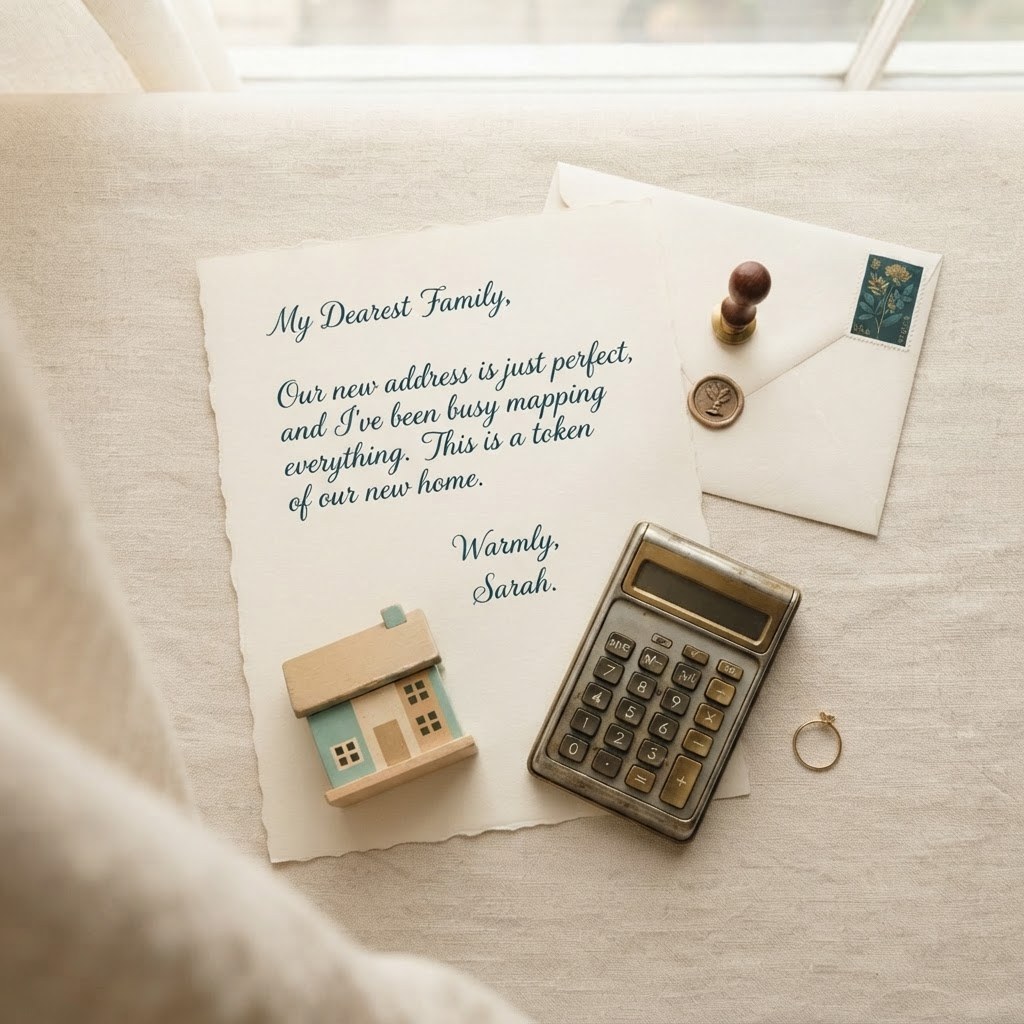A handwritten letter with a small toy house and calculator, warm cream palette — Real Ink Letters