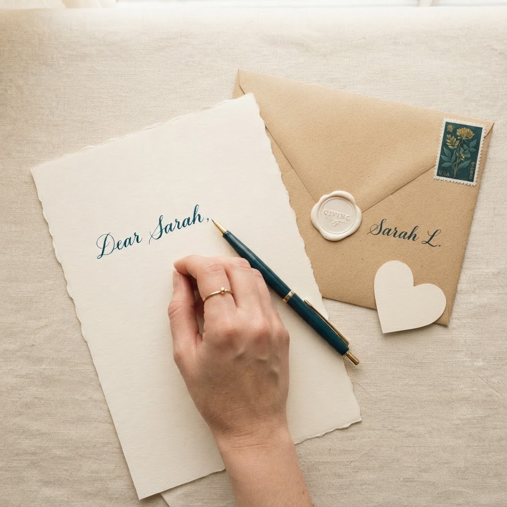 A handwritten letter with a kraft donation envelope and paper heart, warm cream palette — Real Ink Letters