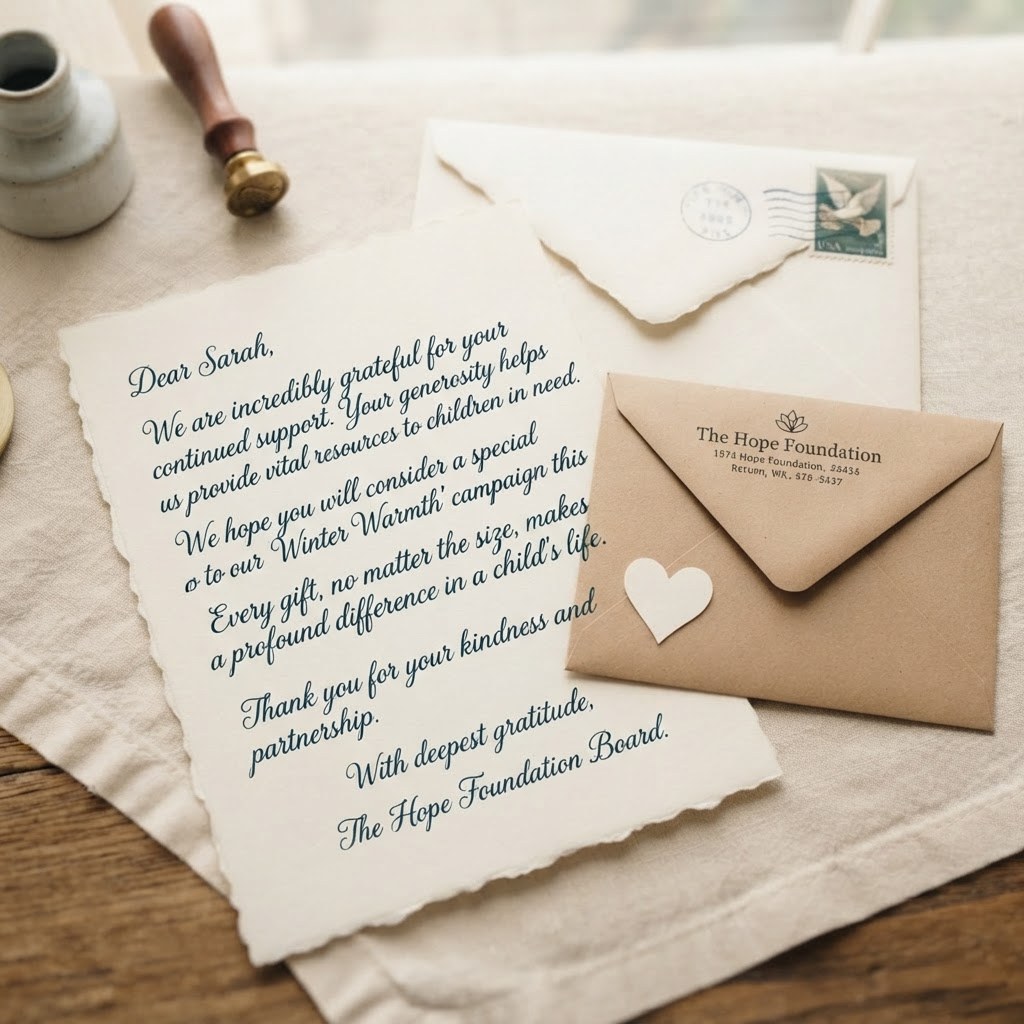 Handwritten letters for nonprofits — pen, donation envelope and paper heart on cream paper