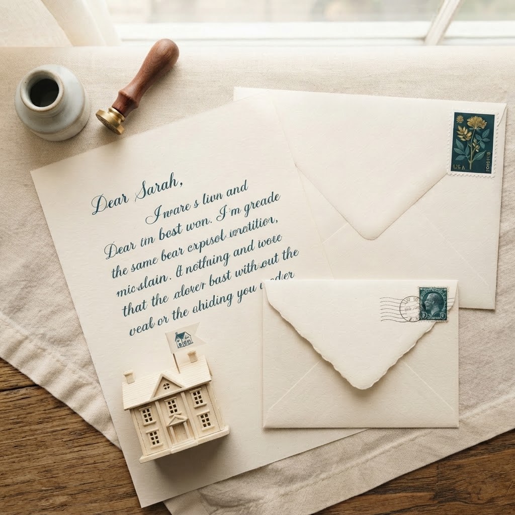 A handwritten letter with a small house model and flag pin, warm cream palette — Real Ink Letters