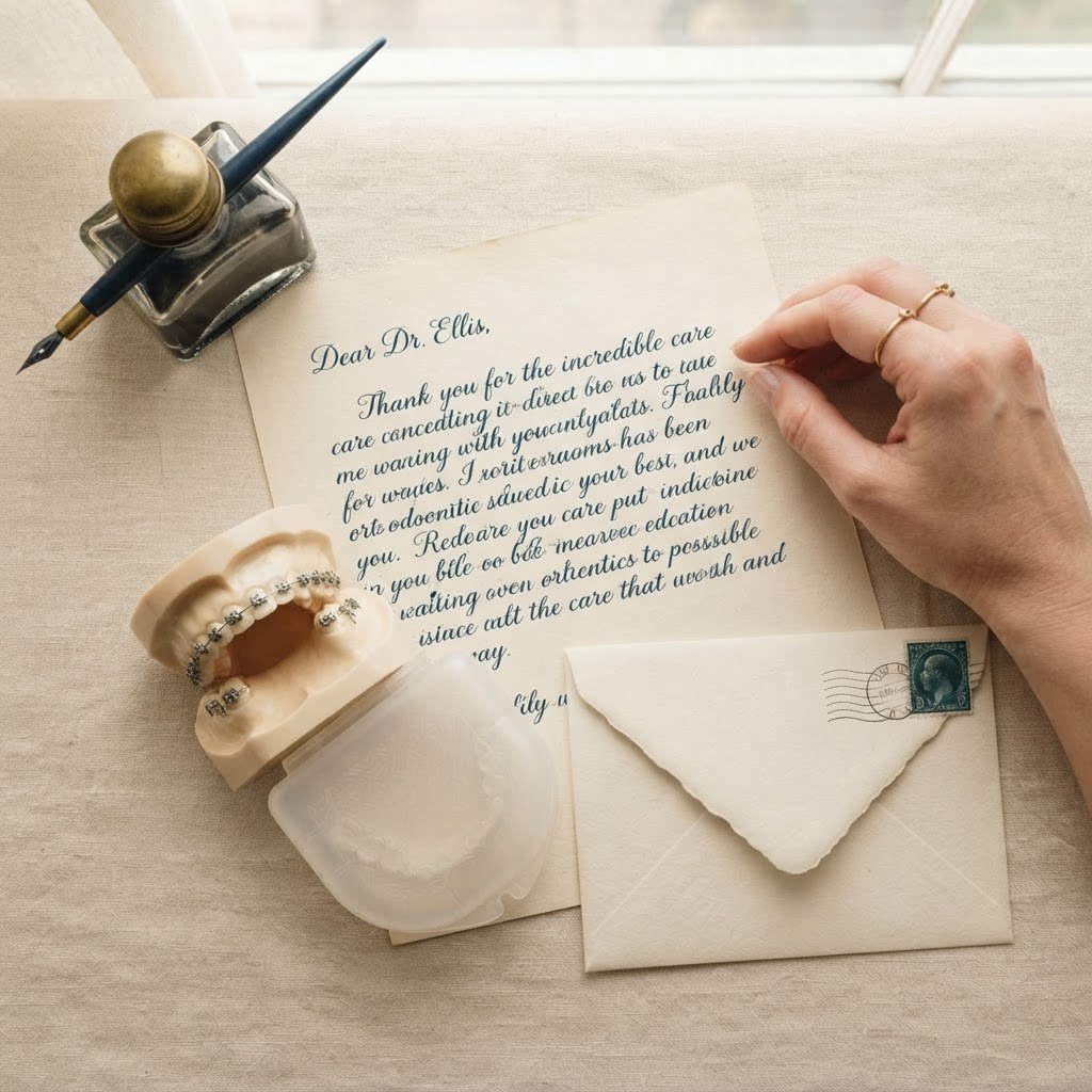 A handwritten letter with a braces tooth model and retainer case, warm cream palette — Real Ink Letters