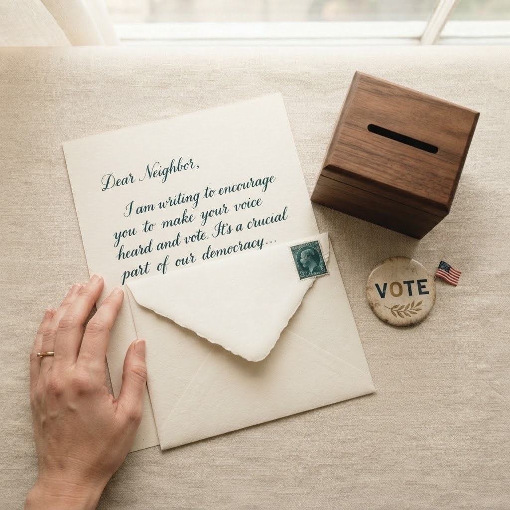 Handwritten letters for political campaigns — pen, ballot box and campaign button on cream paper