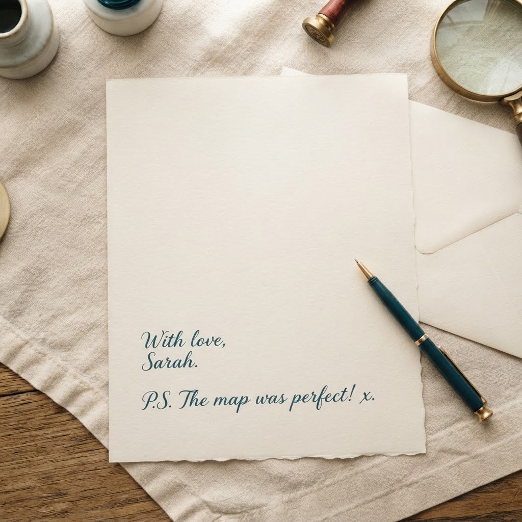 A handwritten letter showing a P.S. line at the bottom, warm cream palette — Real Ink Letters