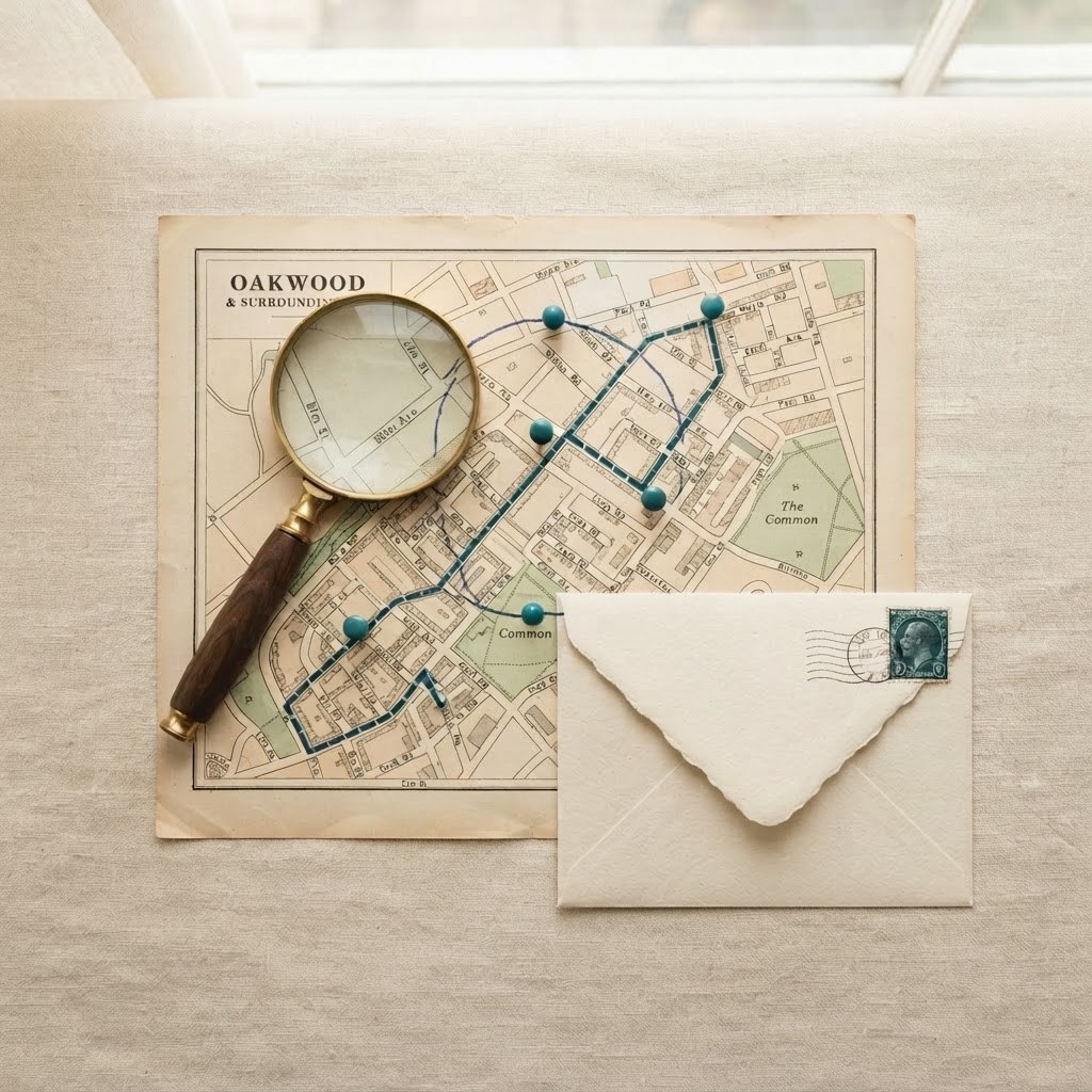 A paper map with a drawn circle and map pins, warm cream palette — Real Ink Letters