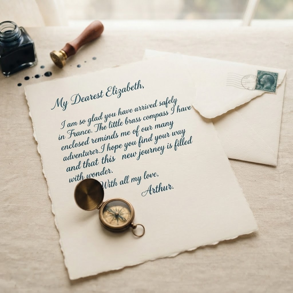A handwritten letter with a small brass compass, warm cream palette — Real Ink Letters
