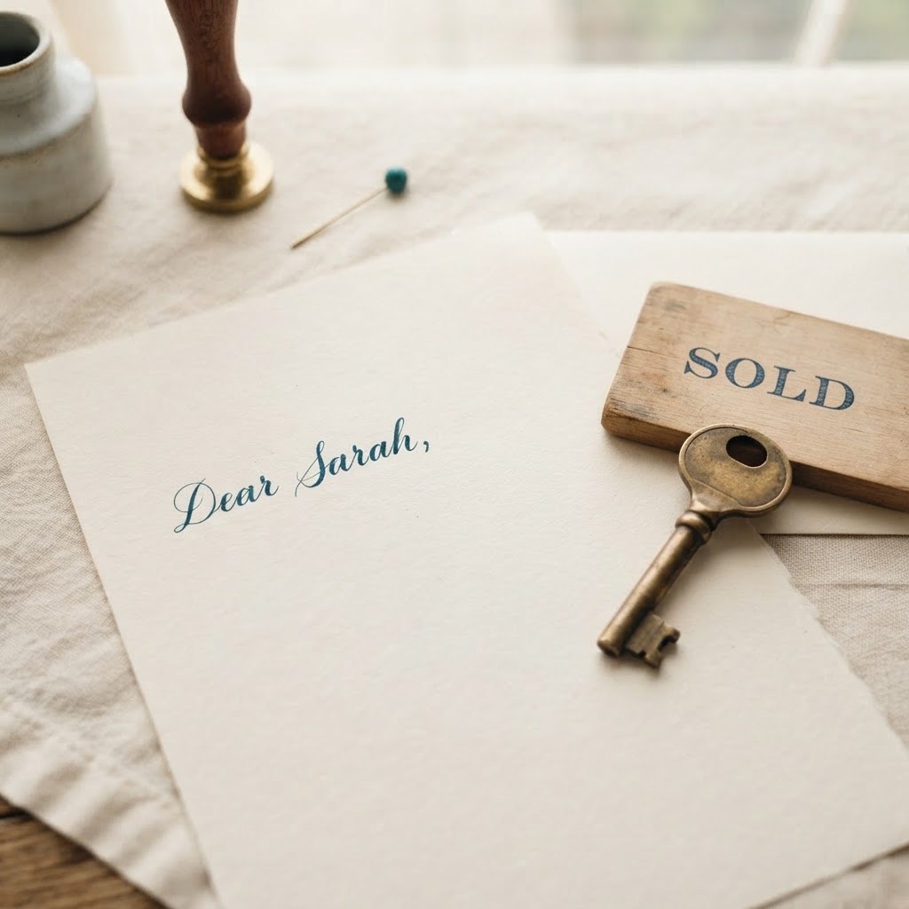 A handwritten letter beside a brass house key and a small SOLD sign, warm cream palette — Real Ink Letters