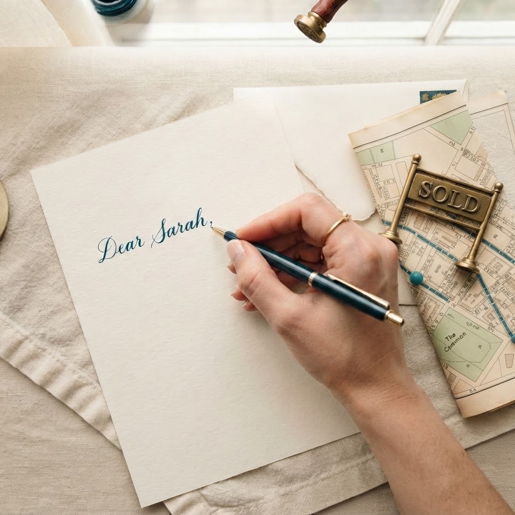 A handwritten letter with a SOLD sign and small paper map, warm cream palette — Real Ink Letters
