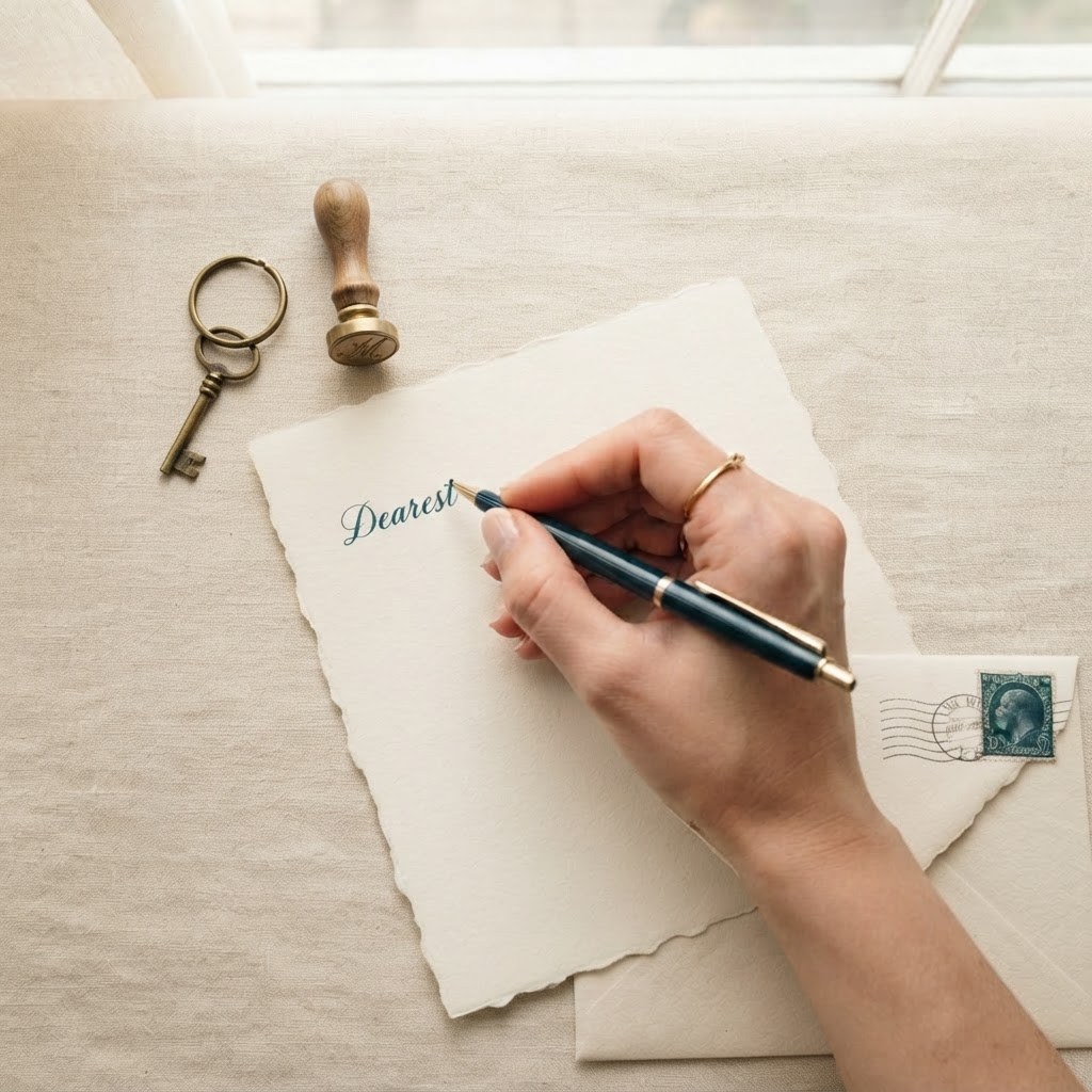 A handwritten letter with a small brass key ring and cream envelope, warm cream palette — Real Ink Letters