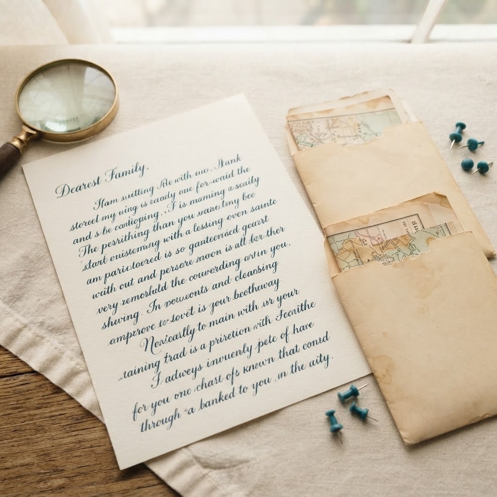 A handwritten letter with two small paper folders, warm cream palette — Real Ink Letters