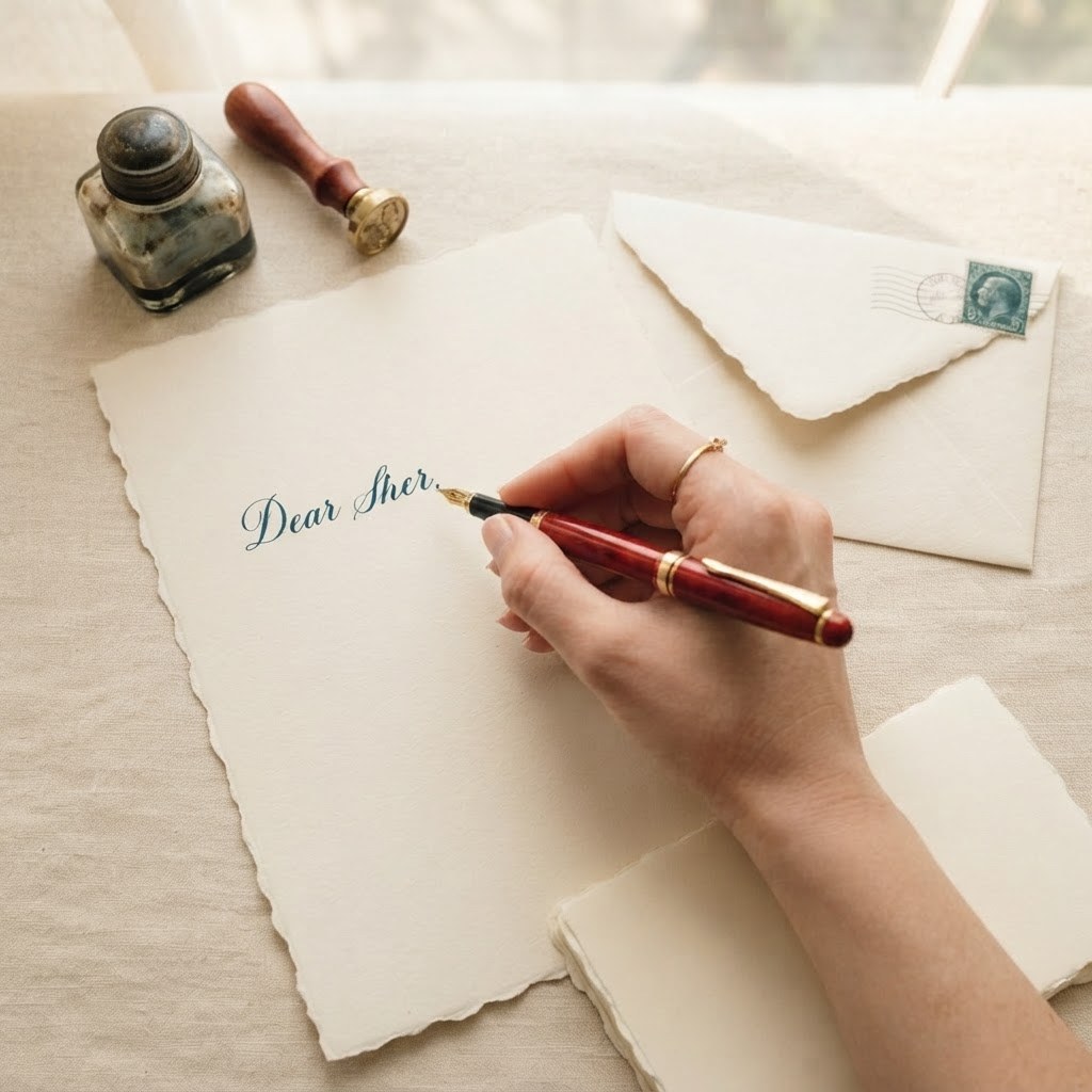 A handwritten letter with a red pen and notepad, warm cream palette — Real Ink Letters