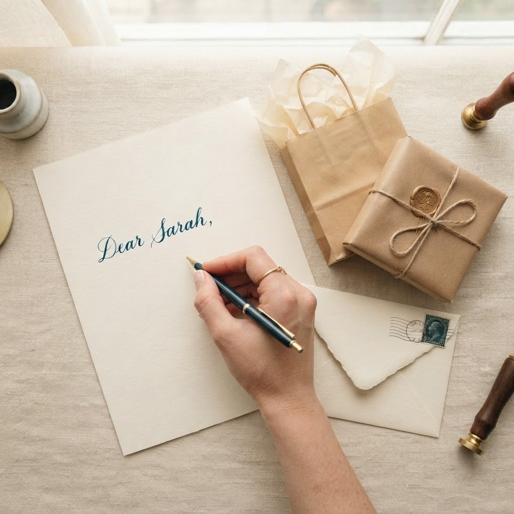 Handwritten letters for retail and e-commerce — pen, shopping bag and wrapped parcel on cream paper