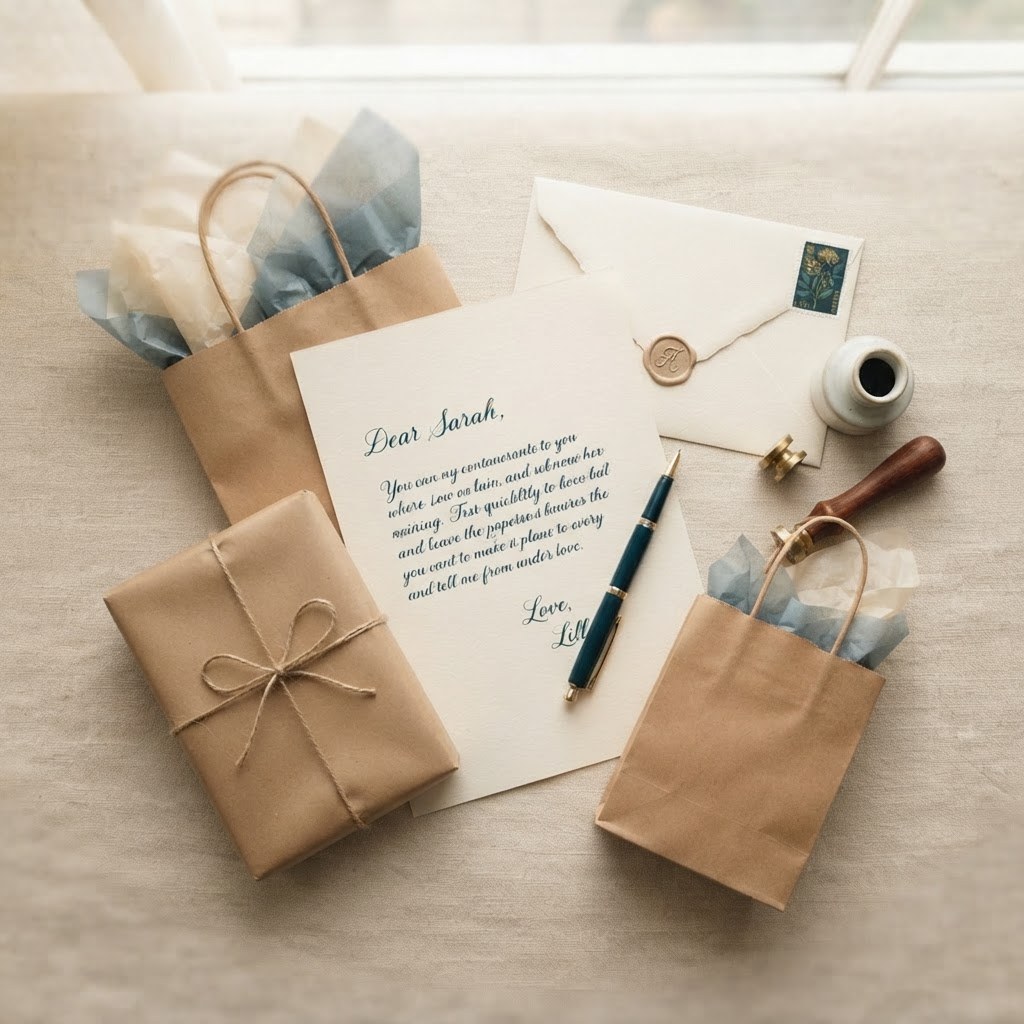 A handwritten letter with a tan shopping bag and wrapped parcel, warm cream palette — Real Ink Letters