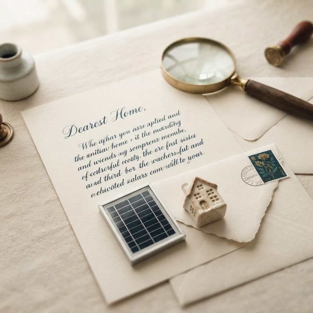 A handwritten letter with a miniature solar panel and house figurine, warm cream palette — Real Ink Letters