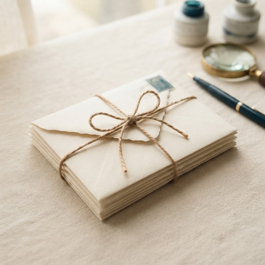 A small stack of cream envelopes tied with twine, warm cream palette — Real Ink Letters